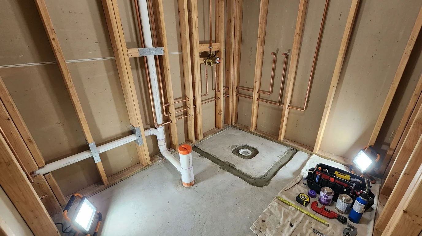 Bathroom rough-in plumbing during remodel by Johns Plumbing LLC in Alden