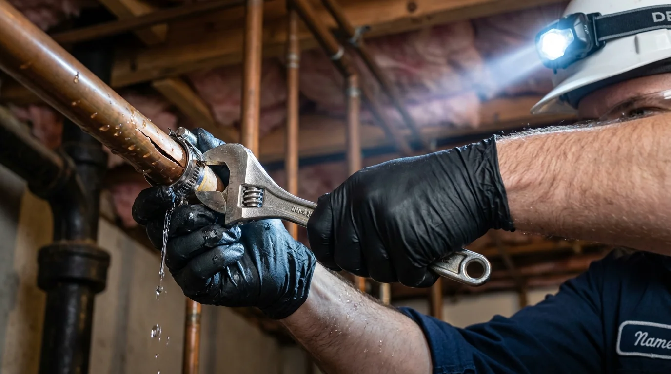 Emergency pipe clamp repair being performed by a Johns Plumbing LLC plumber in Alden