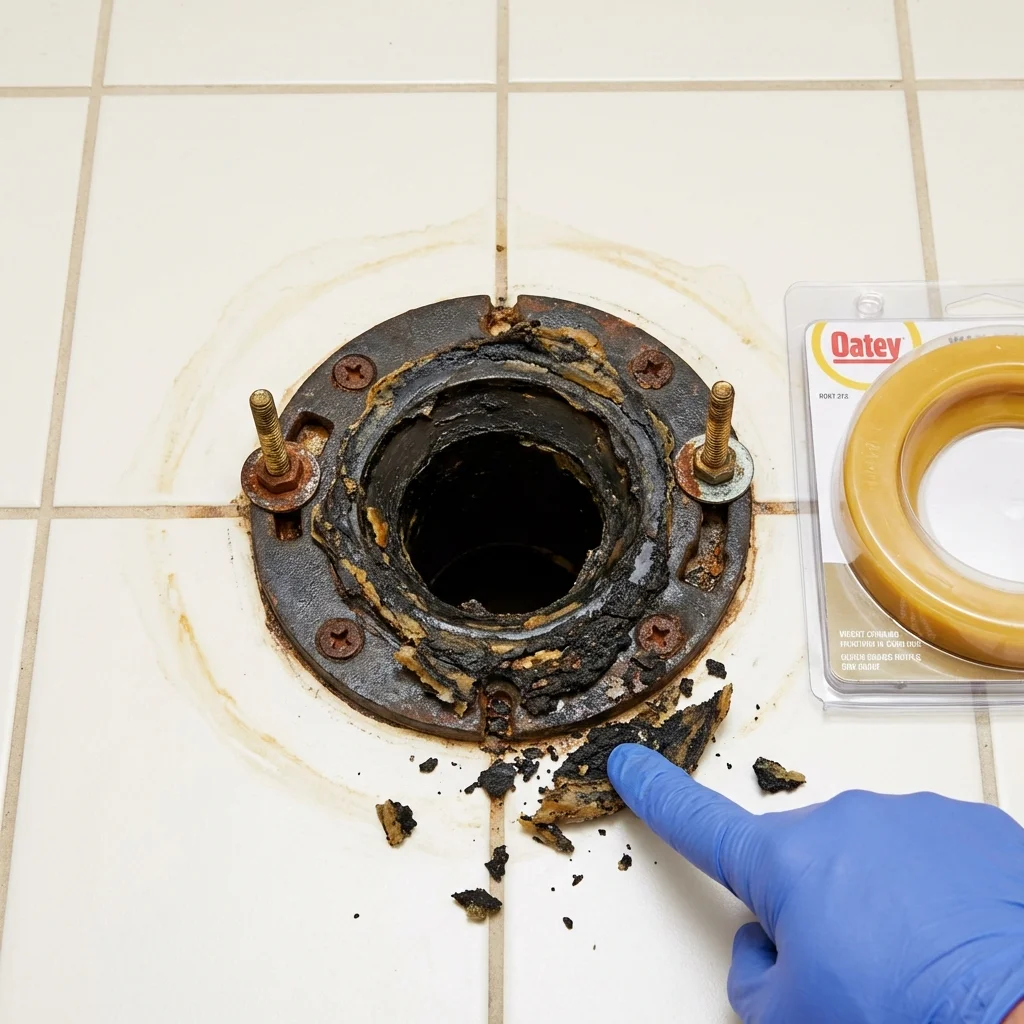 Failed wax ring showing water seepage at the base of a toilet in a Alden, NY home