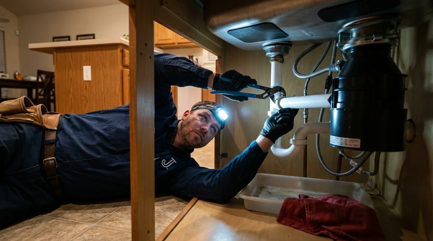 P-trap and supply line connections under a kitchen sink showing a common leak point in Alden, NY